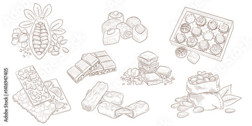 Chocolate bar sketch. Hand drawn dark bean. Cocoa for coffee. Vintage organic dessert. Choco piece. Engraved confectionery. Glazed candy. Sweet food. Harvest bag. Retro outline illustration vector set