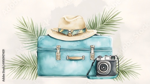 Retro vacation travel watercolor art suitcase camera palm vibe exploration holiday destination dream picture