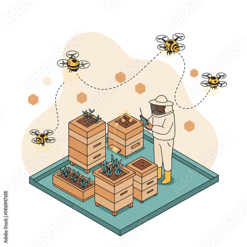Beekeeper in protective suit inspecting wooden beehives with active bees flying around in a controlled apiary environment