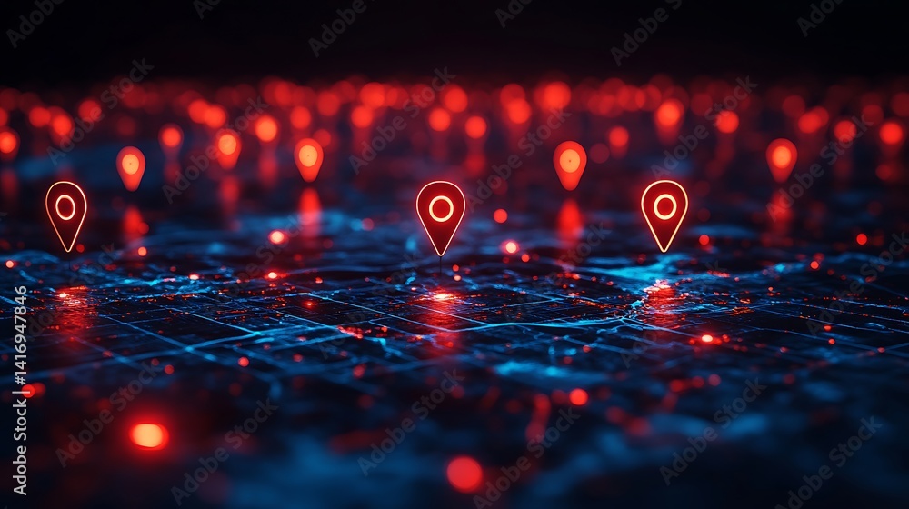 Futuristic Digital Map with Glowing Location Pins, Futuristic digital map with glowing location pins and network connections Futuristic Digital Map with Glowing Location Pins, Futuristic digital map with glowing location pins and network connections