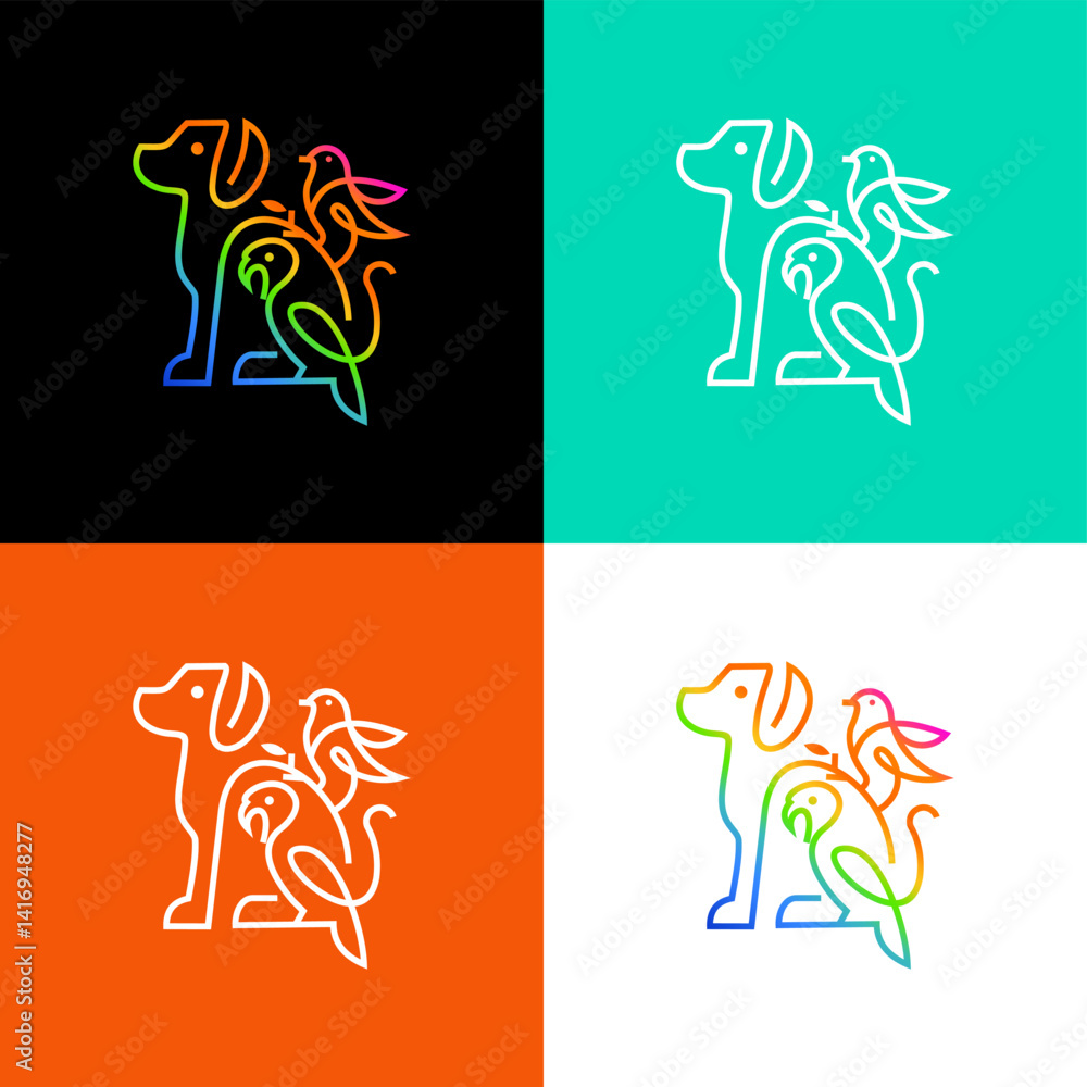 Obraz premium monoline dog logo combined with parrot and colibri logo