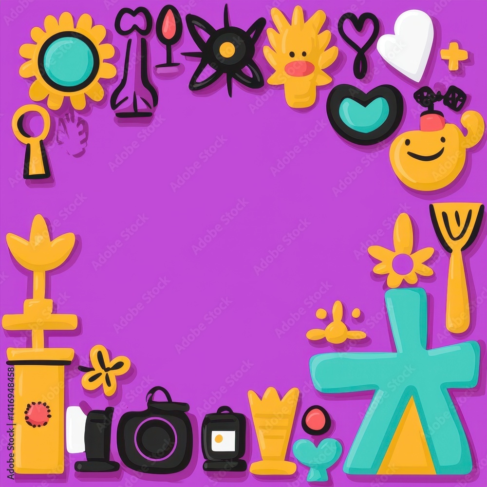 Cheerful Cartoon Icons Frame on Purple Pixel Art Background Cheerful Cartoon Icons Frame on Purple Pixel Art Background