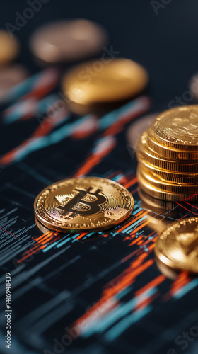 Business and financial stock market, Economic graph with diagrams, bitcoin and cryptocurrency, Futures, Business investment and stock trading on dark background - Generated by Generative A