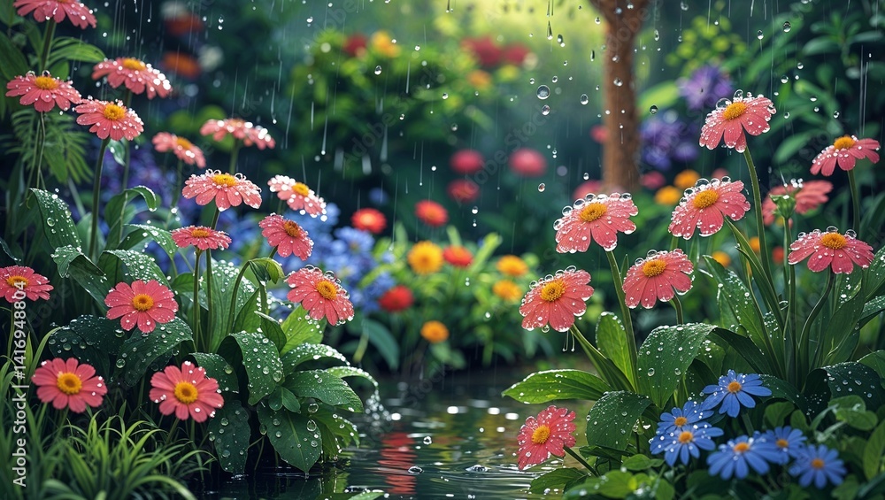 Naklejka premium Garden with raindrops glistening on flowers