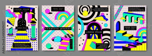 Abstract banners. Psychedelic cards. Crazy universe. Geometric shapes. Bright ball sphere. Stairs and column. Checkered grid. Ladder and door arch to infinity. Chaos space. Vector surreal posters set