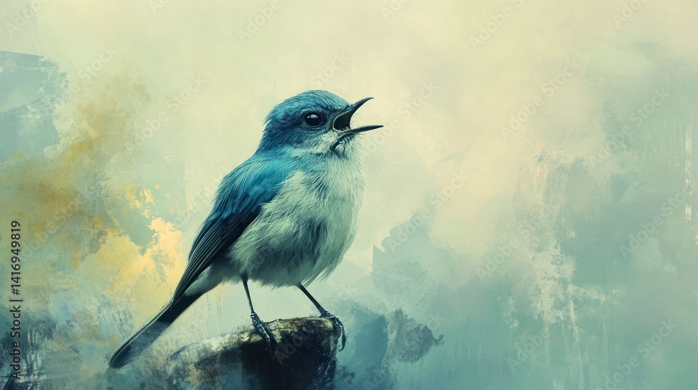 Fototapeta premium Serene Bluebird's Song: A Misty Watercolor Painting