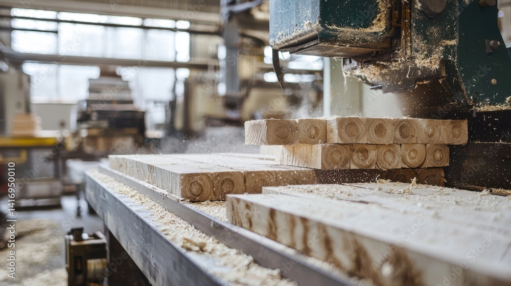 Wood being processed by machinery in a woodworking factory setting Wood being processed by machinery in a woodworking factory setting