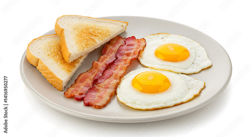 Classic American Breakfast Plate Featuring Fried Eggs Bacon and Toast Isolated on White Classic American Breakfast Plate Featuring Fried Eggs Bacon and Toast Isolated on White
