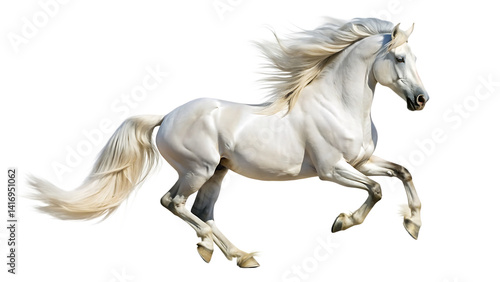 Powerful Dapple Gray or White Horse Galloping with Majestic Flowing Mane, isolated on a white background, cutout, PNG