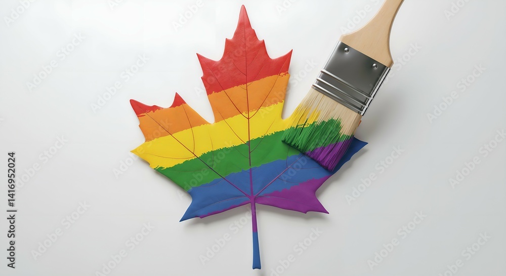 Rainbow painted maple leaf with brush on white background for Canada Day concept