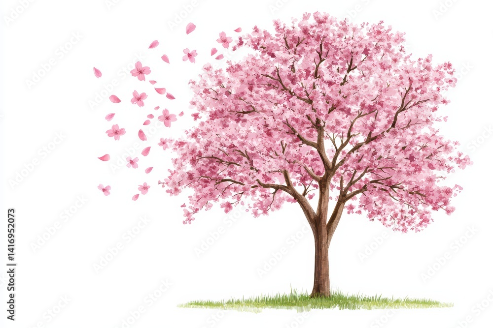 Obraz premium Beautiful cherry blossom tree in bloom with petals falling down