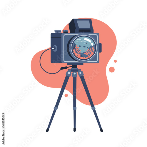 Vintage medium format camera mounted on tripod with detailed lens reflection of underwater coral and fish art design in orange background
