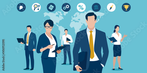 Experts. Team of five business people on a backdrop of world map and business icons. Business vector illustration.