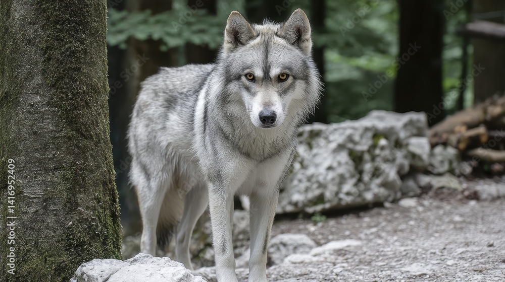 Fototapeta premium Stunning Alaskan Husky, athletic build, powerful legs, alert expression - Pulling Trees Dog Mountains Alaskan