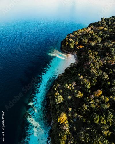 Lush tropical island with dense forest meeting a white sand beach and turquoise waters, captured from above in Thailand...