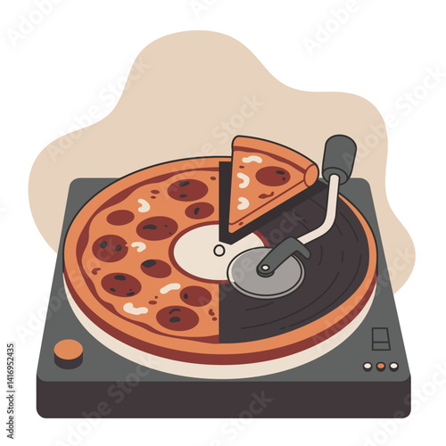 Creative illustration of a pizza slice playing a vinyl record on a vintage turntable with half pizza and half record design in a minimalist setting