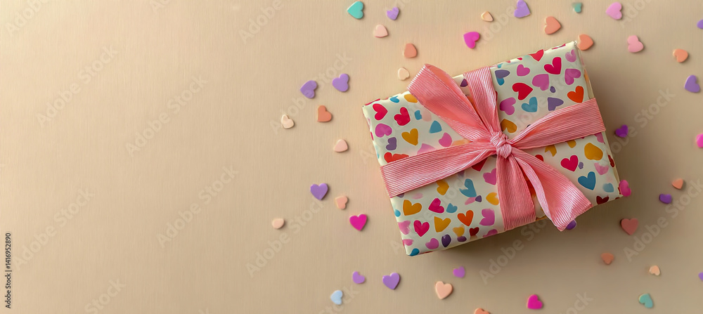 The gift box is wrapped in colorful heart-patterned paper and tied with a pink ribbon, on a light beige background with scattered small pastel-colored hearts. The gift box is wrapped in colorful heart-patterned paper and tied with a pink ribbon, on a light beige background with scattered small pastel-colored hearts.