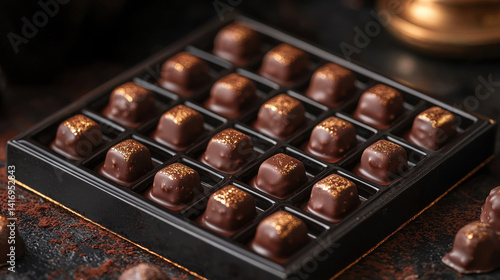 Close up Luxurious chocolate truffles with golden accents in black box photography
