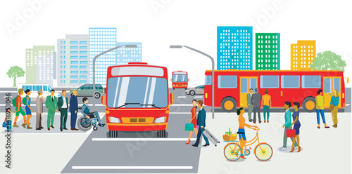 Stadt Personenverkehr mit Stadtbus und Fahrgästen Illustration.eps