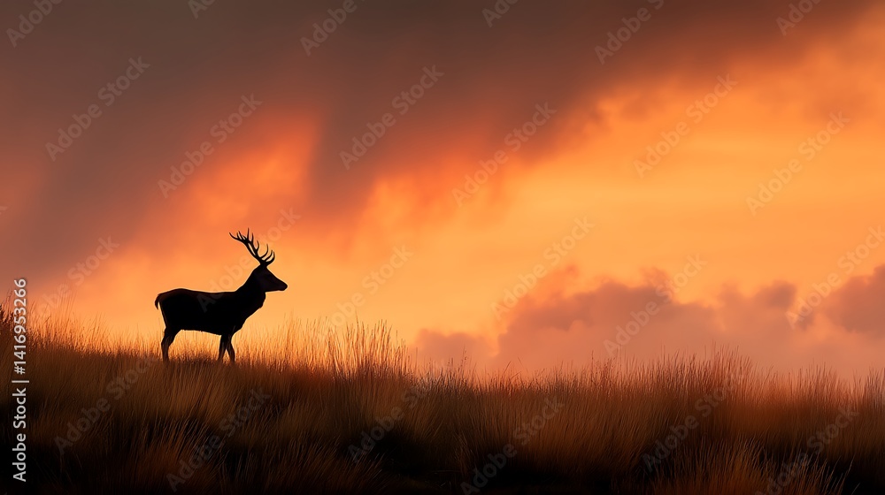Naklejka premium Silhouette deer at sunset