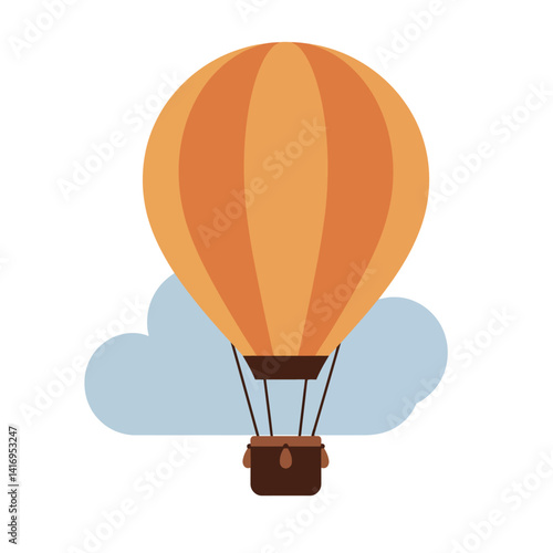 Orange and brown striped hot air balloon floating in front of light blue cloud on white background