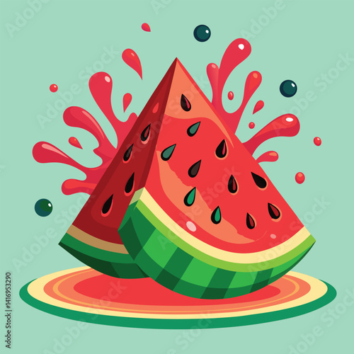 Watermelon slices with splash, fresh, summer fruit illustration.