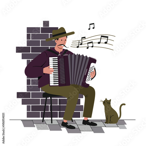 Man wearing hat and casual clothes playing accordion seated on stool against brick wall with cat listening attentively on tiled floor