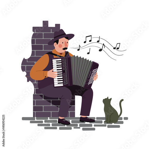 Man wearing hat and suspenders playing accordion while seated on brick steps with attentive cat nearby in quiet outdoor setting