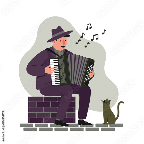 Man wearing a hat and dark clothing playing an accordion while seated on a brick ledge with a curious cat watching nearby in a simple outdoor setting