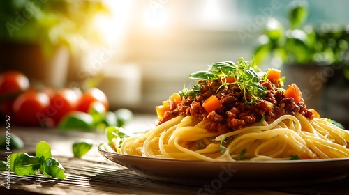 Spaghetti bolognese with fresh basil on rustic wooden table