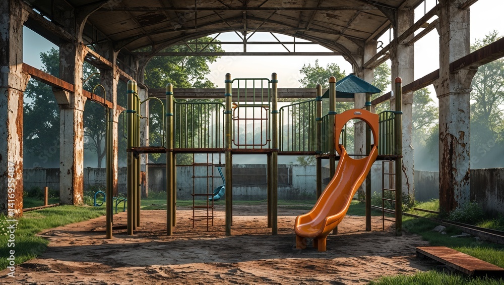 Fototapeta premium Old playground rusting in the ruins