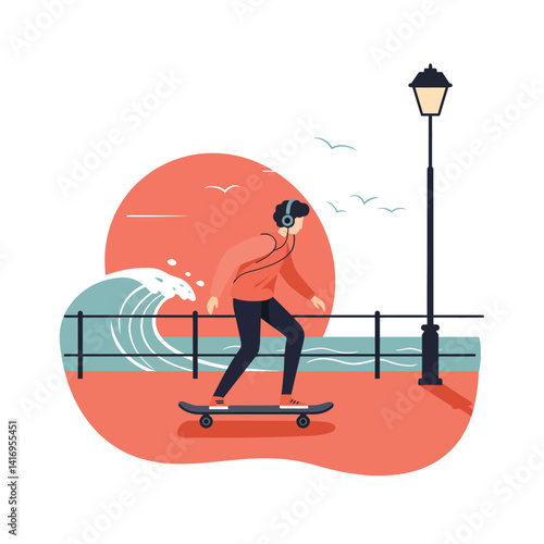 Young man wearing headphones skateboarding along seaside promenade near railing and lamppost with ocean waves and birds in the background
