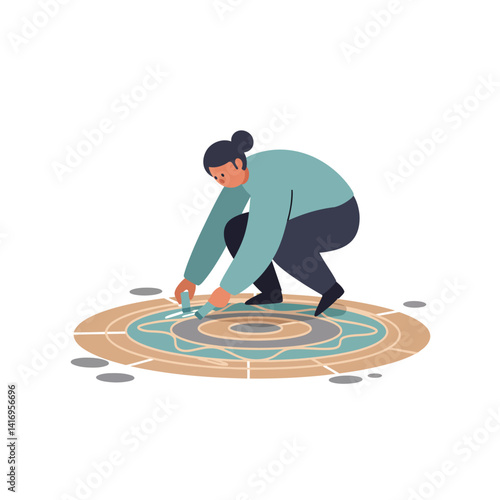 Woman crouching and arranging stones on circular labyrinth design flat minimal vector art