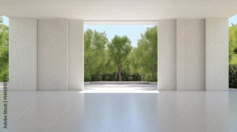 Naklejka premium Modern minimalist architectural space with a view of a lush garden. Spacious, bright, and serene open-air design