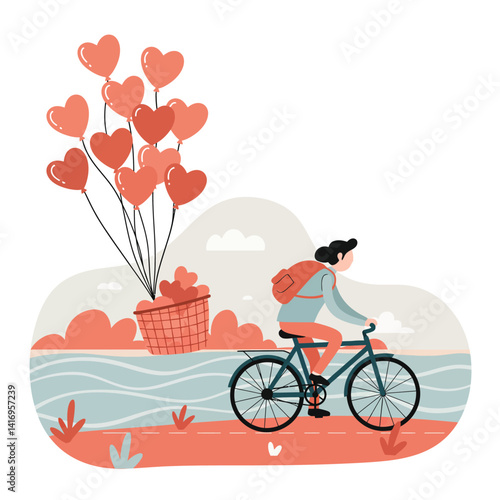 Young person riding bicycle along riverbank with heart-shaped balloons floating in sky flat romantic vector illustration