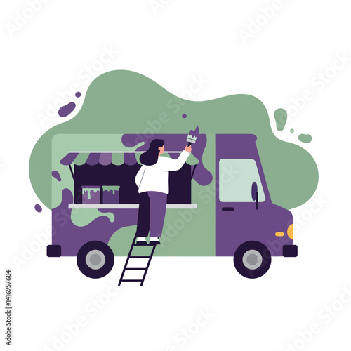 Woman serving beverages from a mobile coffee truck with striped awning in flat minimal design vector illustration