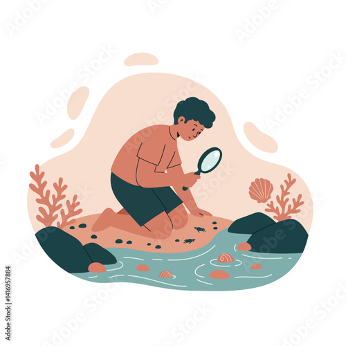 Young boy exploring freshwater stream with magnifying glass in minimal flat nature scene vector illustration