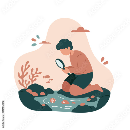 Young boy examining sea creatures in tide pool with magnifying glass flat minimal vector illustration