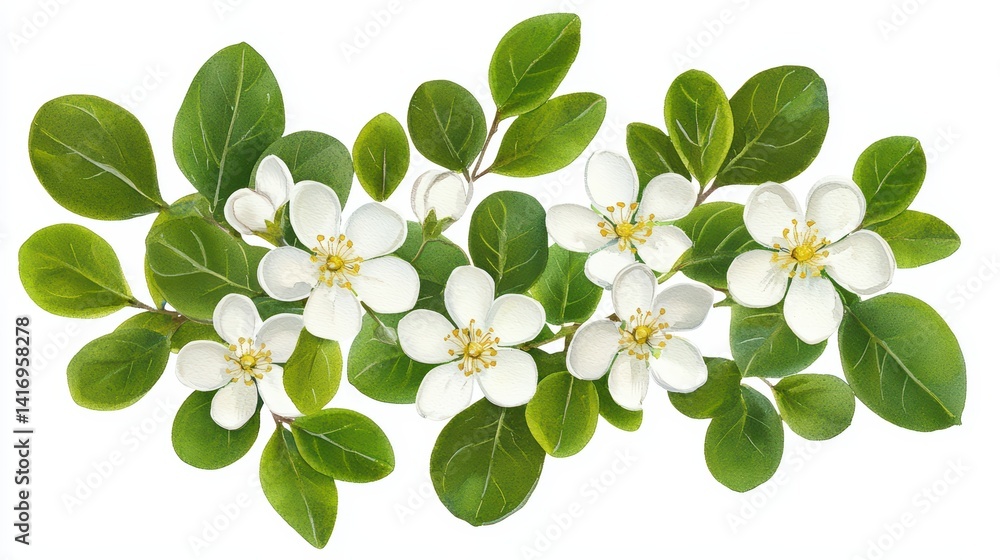 Obraz premium Delicate white flowers with green leaves on a bright background