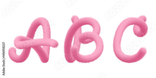 3d furry letter A, B, C, pink fur. Cat tail, animal hair alphabet. Fluffy font, typescript text. Furry pompon typography. Hairy vector capital script, fuzzy soft plush character. Puffy girlish texture