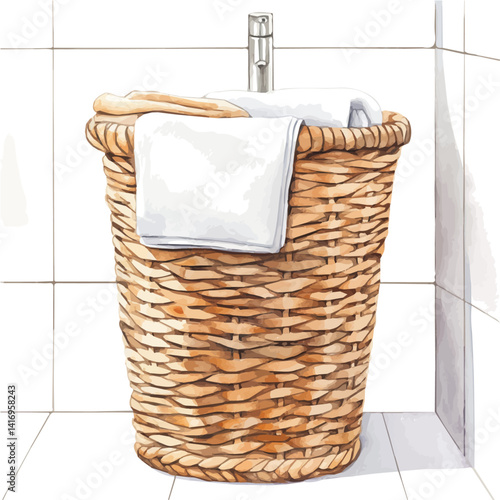 illustration of Woven Laundry Basket In A Modern Bathroom, watercolor vector, isolated on a white background.