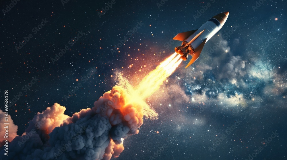 Obraz premium Dramatic Rocket Launch Against Starry Sky Symbolizing Innovation and Aspirations