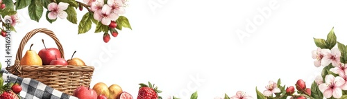 Fresh fruits and flowers in a beautiful basket on a white background