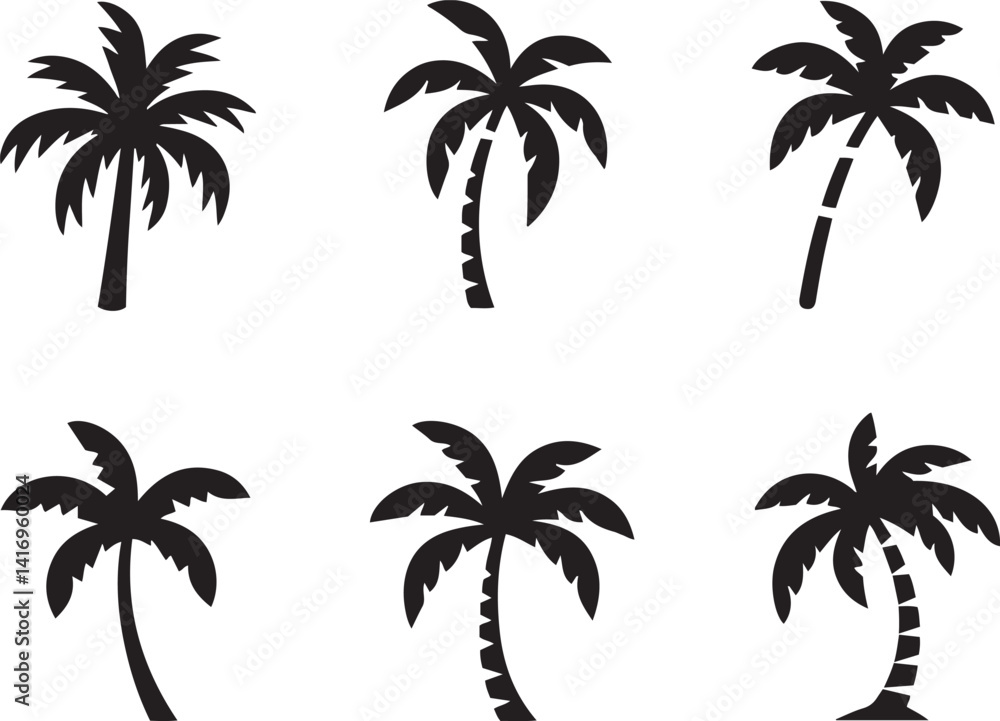 Fototapeta premium Six Simple Black Silhouette Palm Trees Against White Background