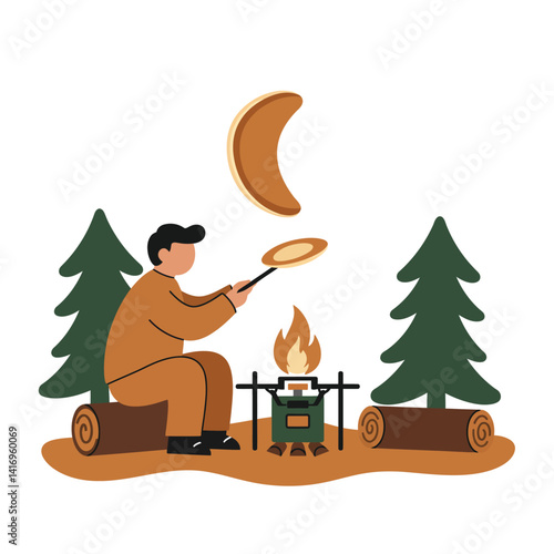Man cooking pancakes over campfire in forest setting with pine trees flat minimal vector illustration