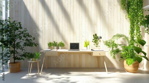 Modern home office with laptop on wooden bench and plants