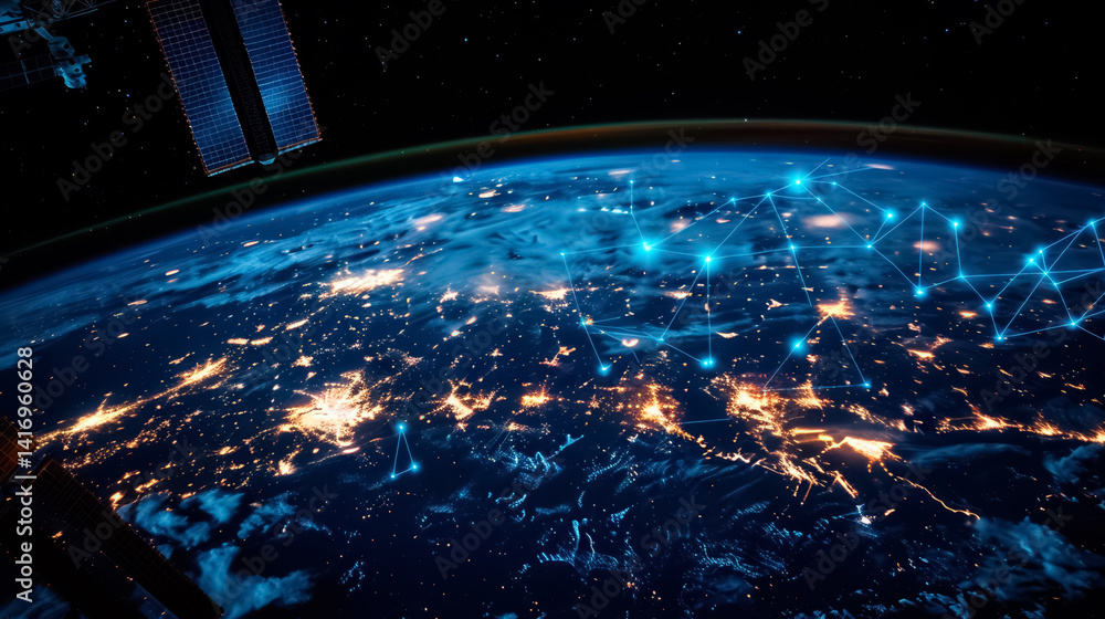 Telecommunication technology with connections around Earth viewed from space
