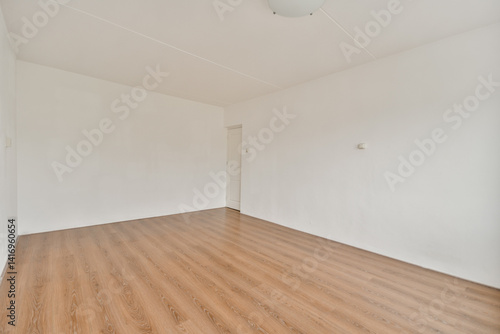 An uncluttered, minimalist interior featuring smooth wooden flooring, white walls, and a simple ceiling light, providing a serene atmosphere.