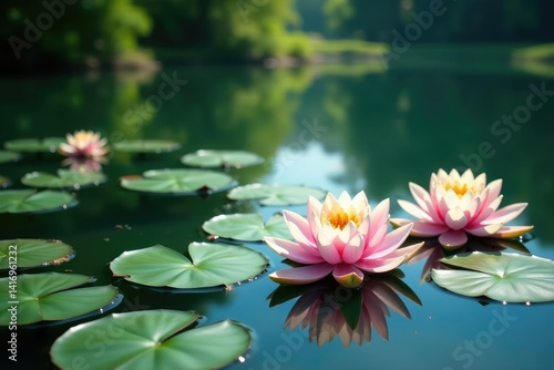 Water lilies forming a repeating pattern across a calm lake, serene, reflection, beautiful