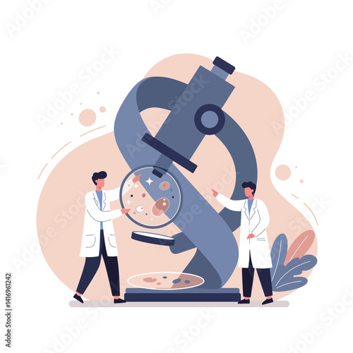 Two scientists examining bacteria culture through large microscope in flat modern vector art